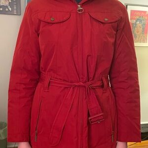 Barbour Red Utility Rain Jacket with Belt and Zipper Closure